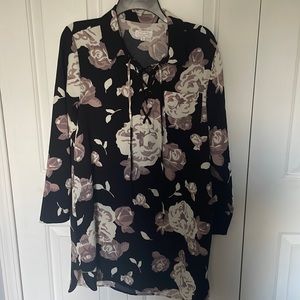Mud Pie Sz M black Floral Shirt Dress Lace-Up Neckline pocket GUC B87